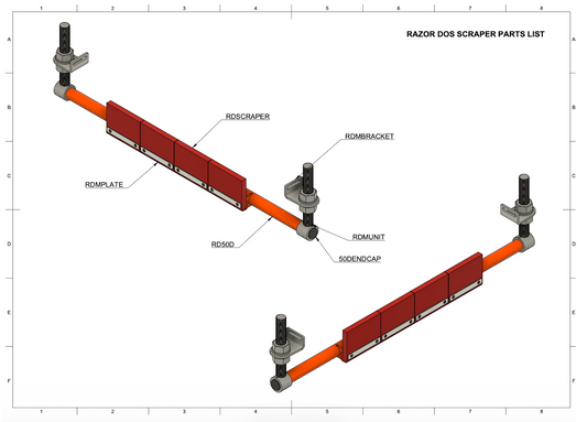 Secondary conveyor belt cleaner showing scraper blades and mounting assembly